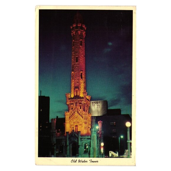 Old Water Tower Chicago Night Scenic Vintage Postcard CK179 1960s Writing Stamp - Picture 1 of 2